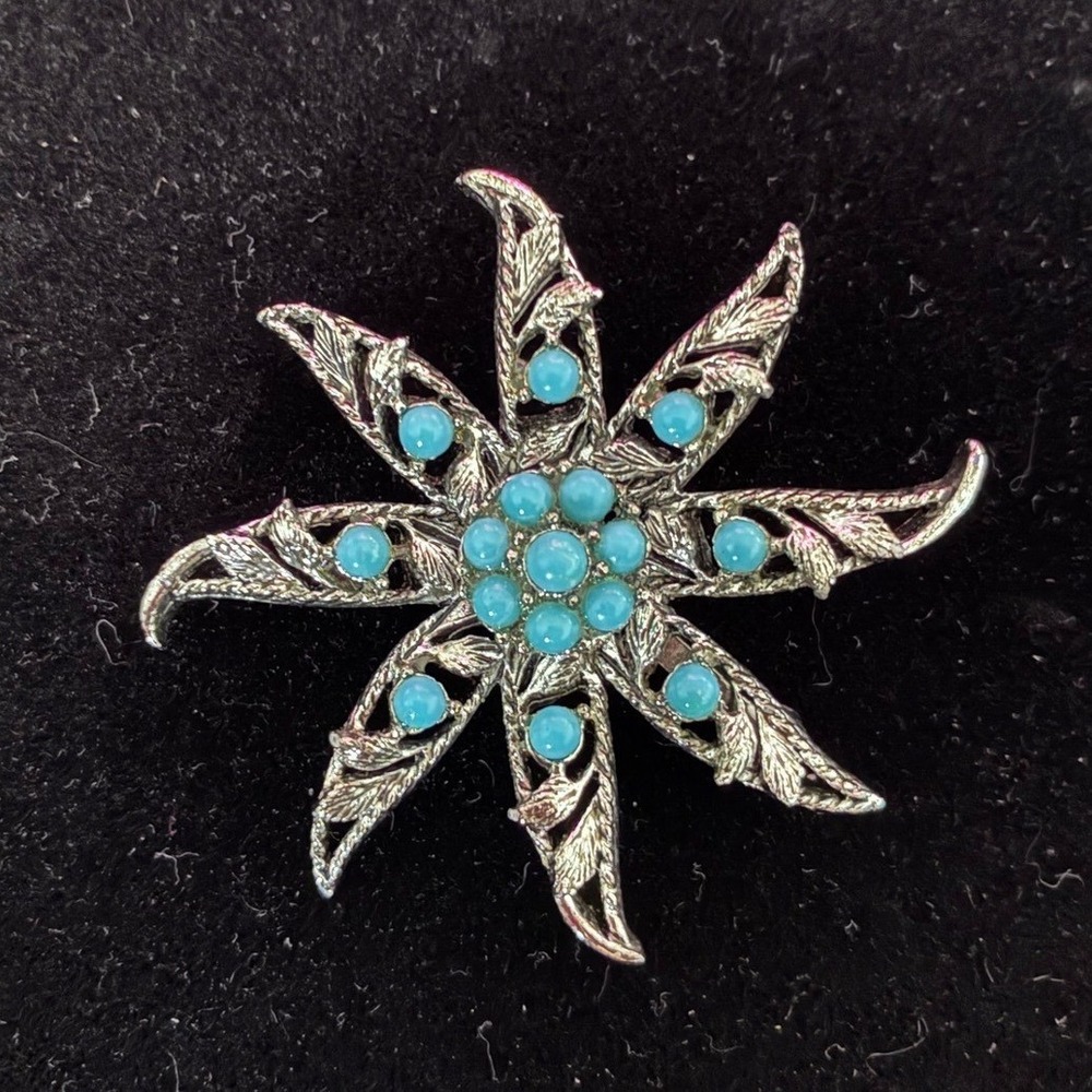 Gerrys Signed Starburst Brooch Turquoise Faux Cabochon Silver Tone Pin EUC